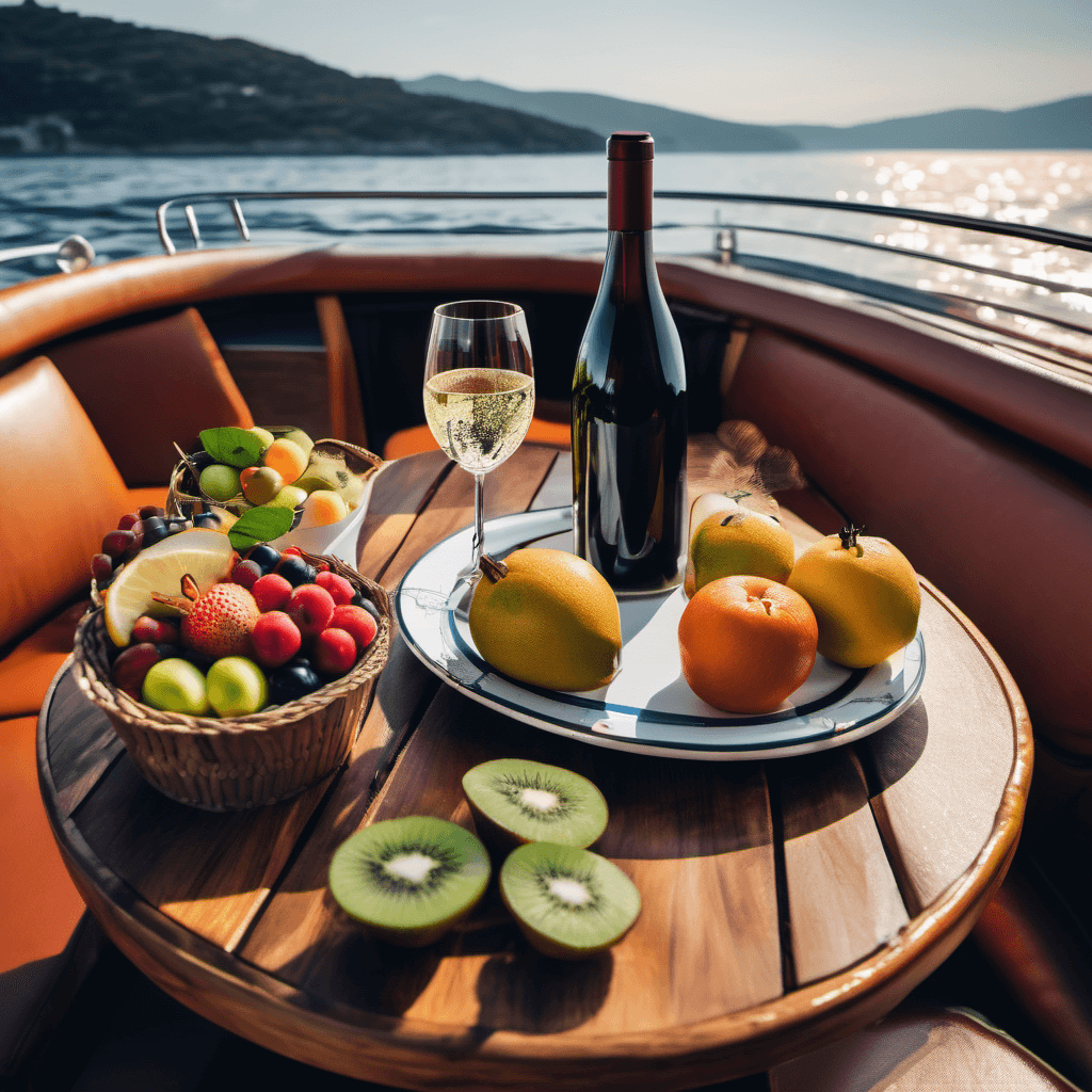 Fruits and drinks on boat, boat trip to Lindos